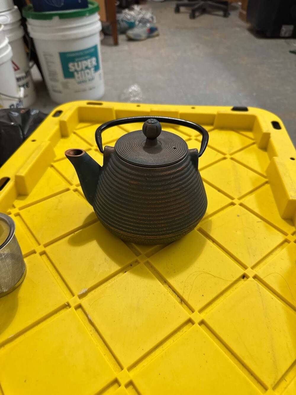 Vintage Japanese Ribbed Blue and Copper Cast Iron Teapot with Mesh Infuser